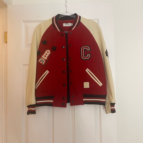 Coach • Varsity Wool & Leather Rocket Ship Patch Bomber Jacket US 8 RARE EUC - Picture 2 of 6